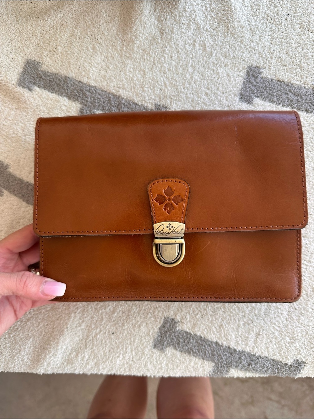 Patricia Nash Cognac Leather Crossbody Wallet with Floral Tab